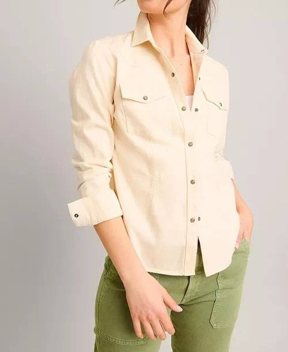 UNTUCKit Dolly Shirt Womens 8 Ecru Cream Denim Western Snap Button Down Cowgirl
